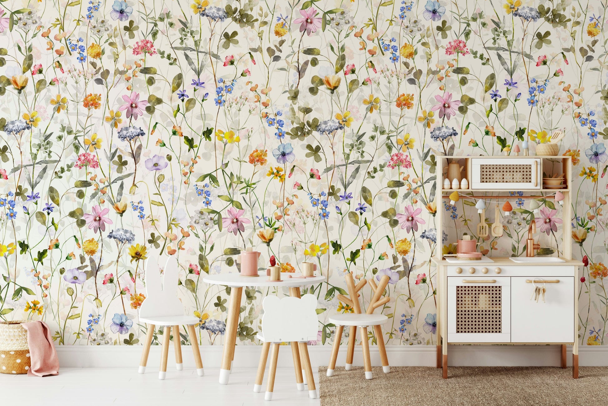 A wall covering with a whimsical and peaceful style.

