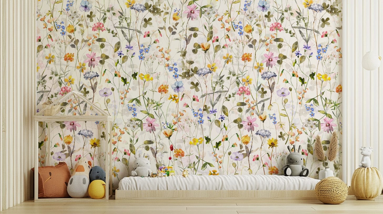 The mural shows a hand-painted floral scene.

