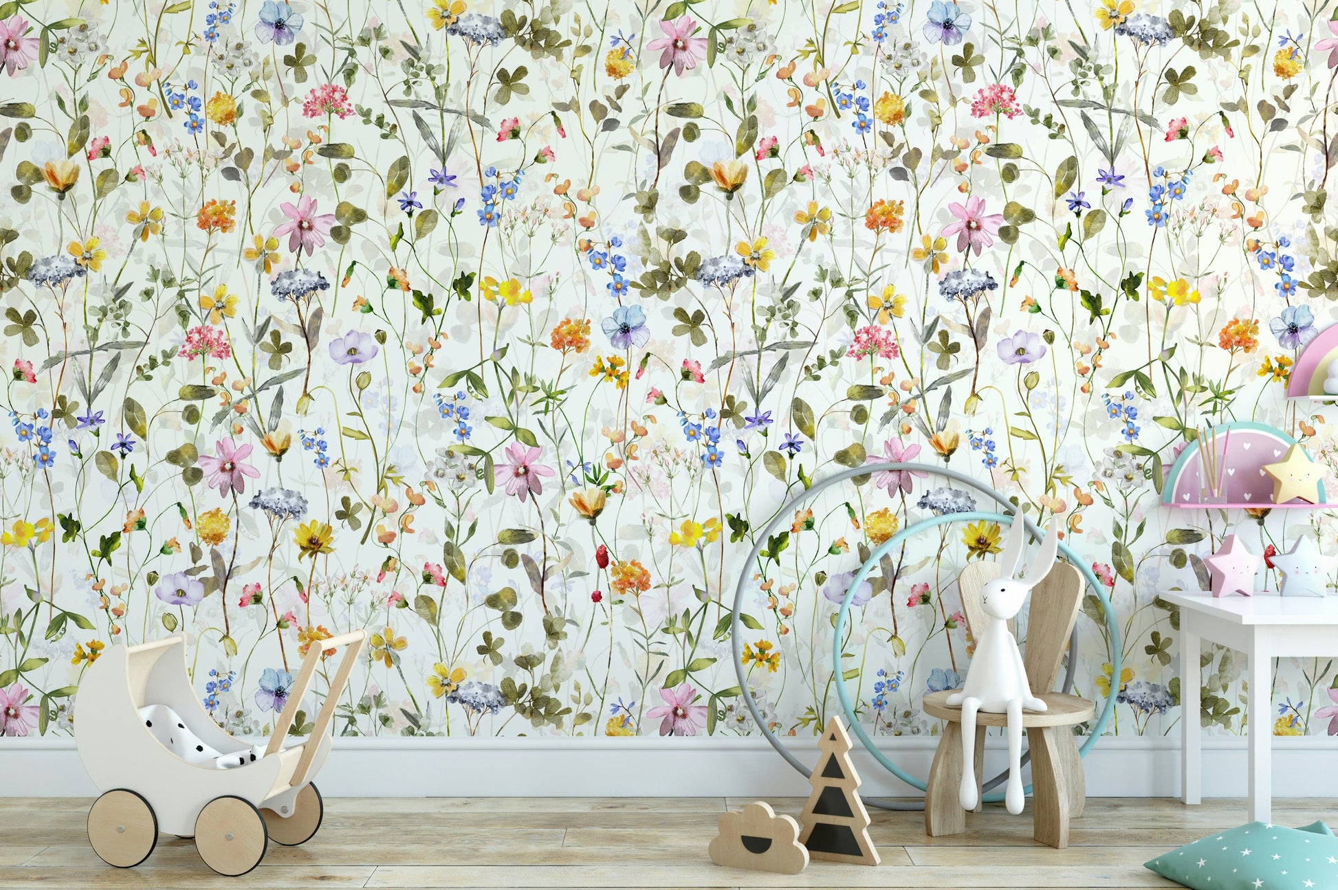 Wall mural with a watercolor wildflower meadow.

