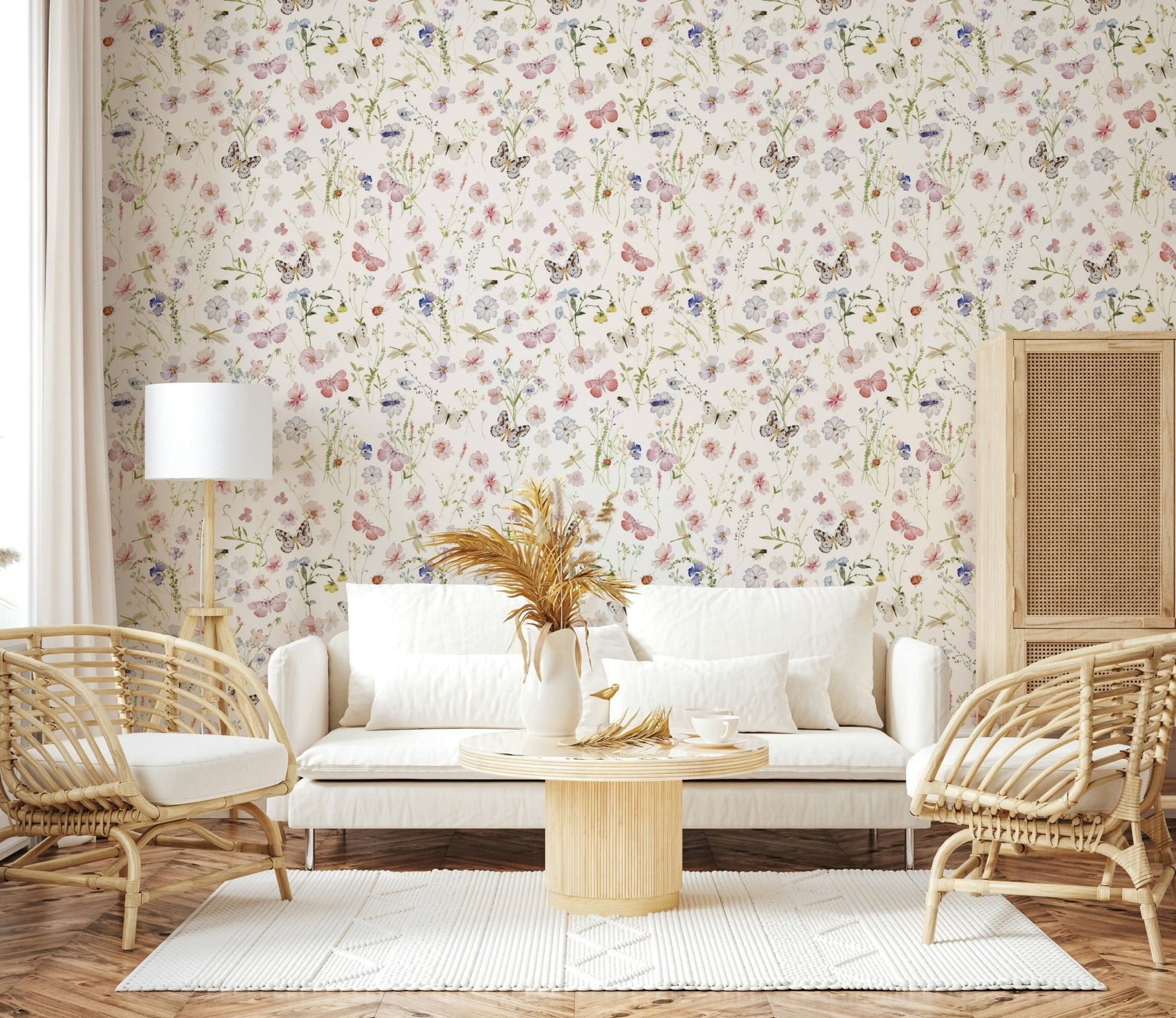 Enchanting garden wall covering; Watercolor Wildflowers Meadow with detailed insect life.