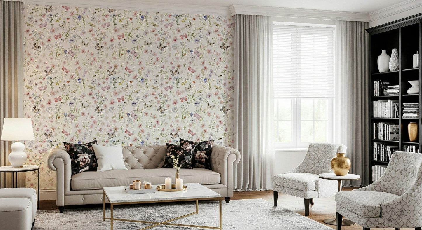 Artistic representation of a summer meadow, Watercolor Wildflowers Meadow wallpaper for walls.
