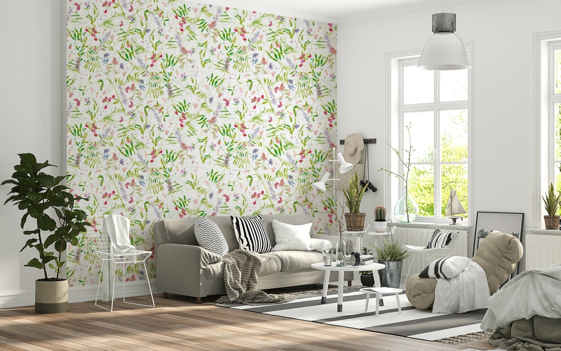 Summer Watercolor Wildflowers mural, airy pastel blossoms wall art.