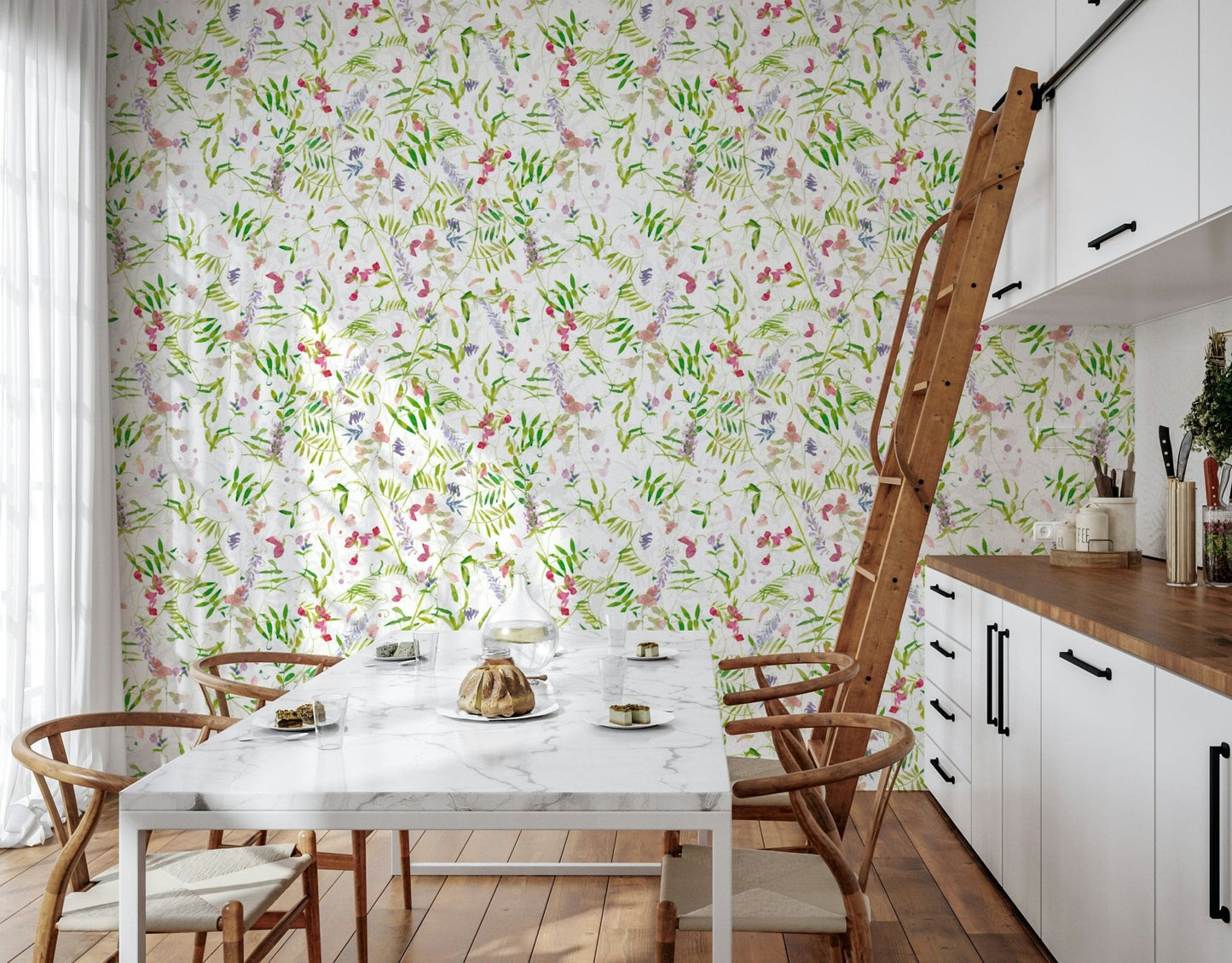 Greenery Watercolor Wildflowers wallpaper, refreshing nature inspired decor.