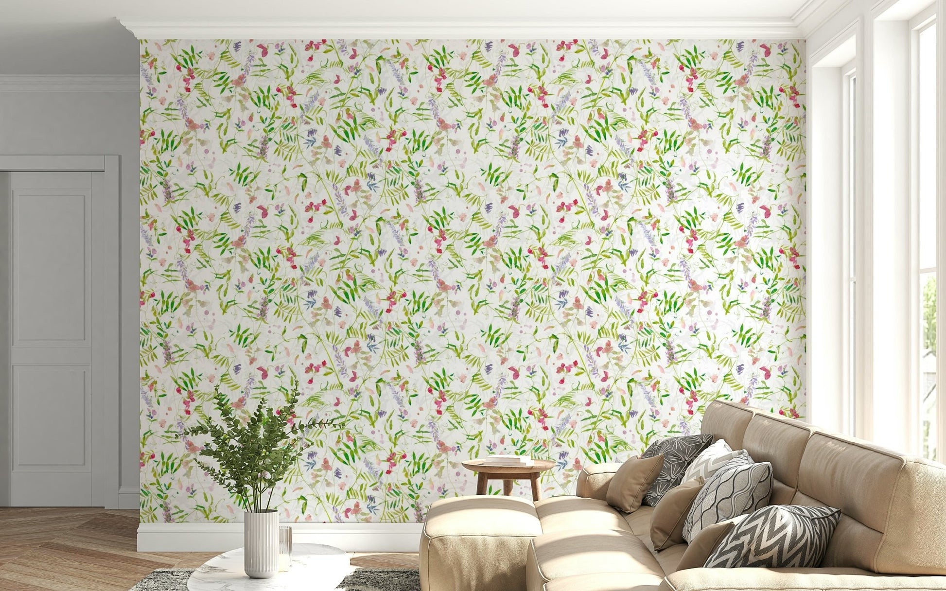 Peaceful Watercolor Wildflowers mural, intertwining greenery leafy pattern.
