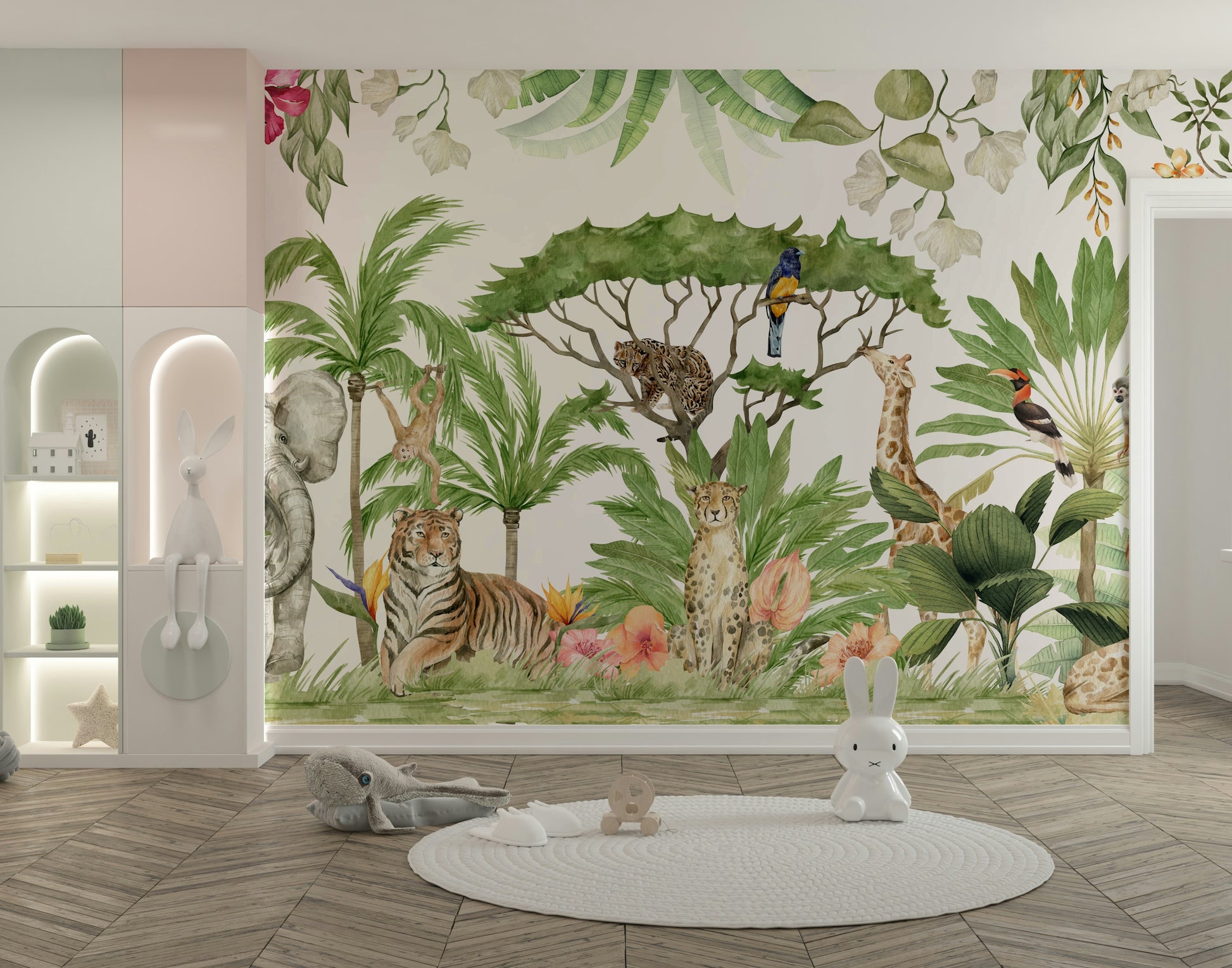 Nursery wallpaper with watercolor animals

