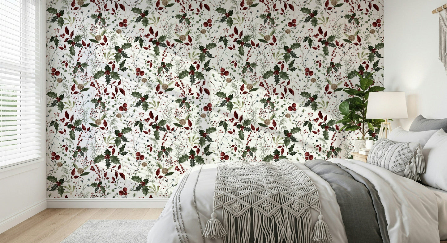 Winter Garden holly berry mural wallpaper design.