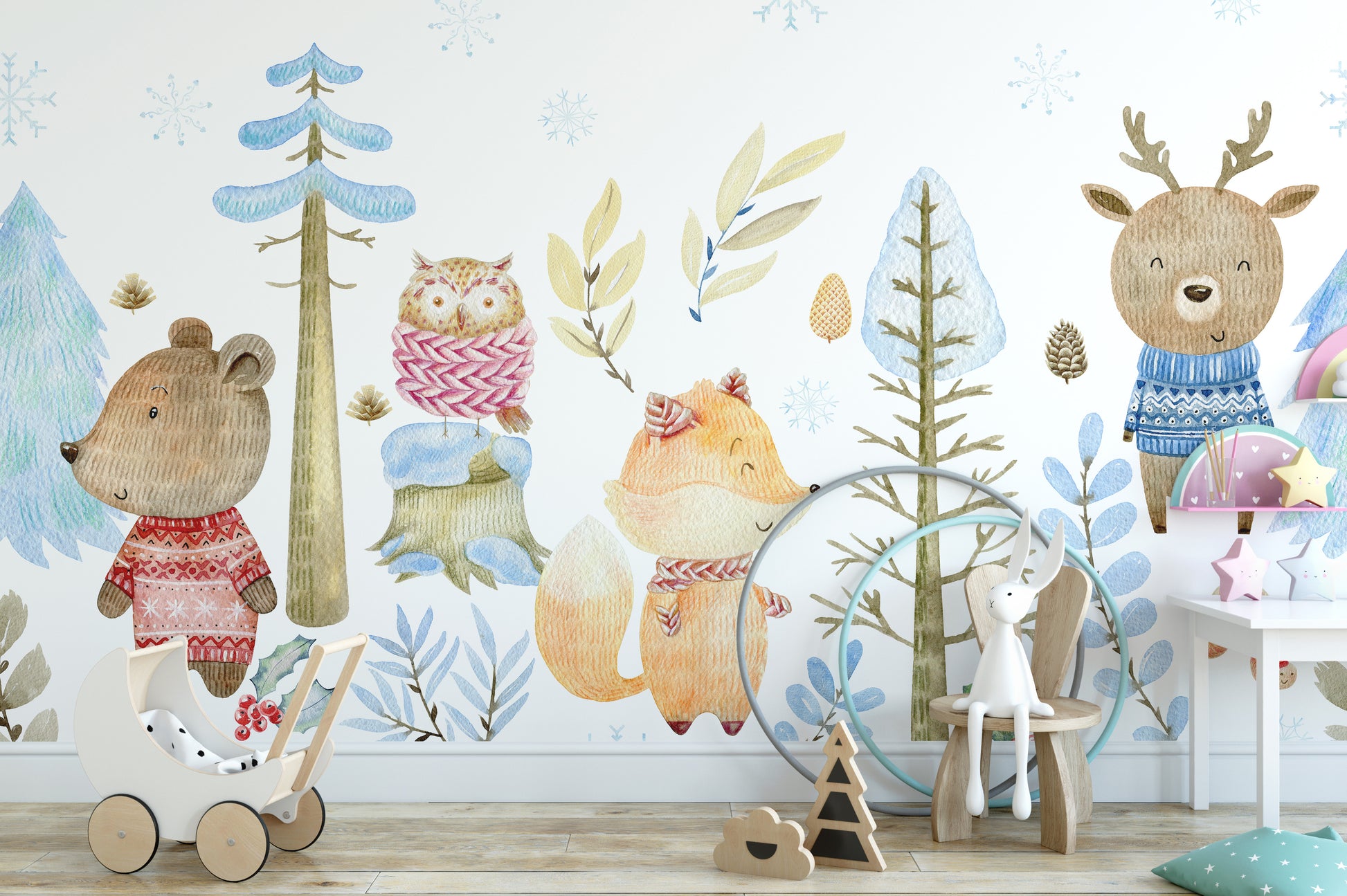 Watercolor Winter Forest Wildlife Wallpaper - Giffywalls