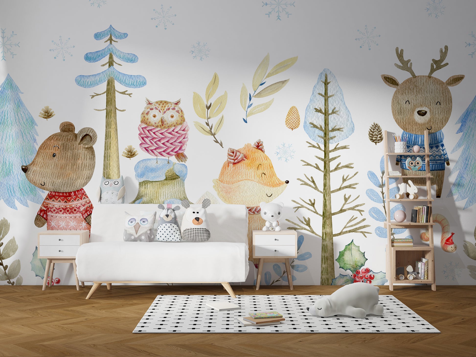 Winter forest wildlife mural featuring forest creatures.