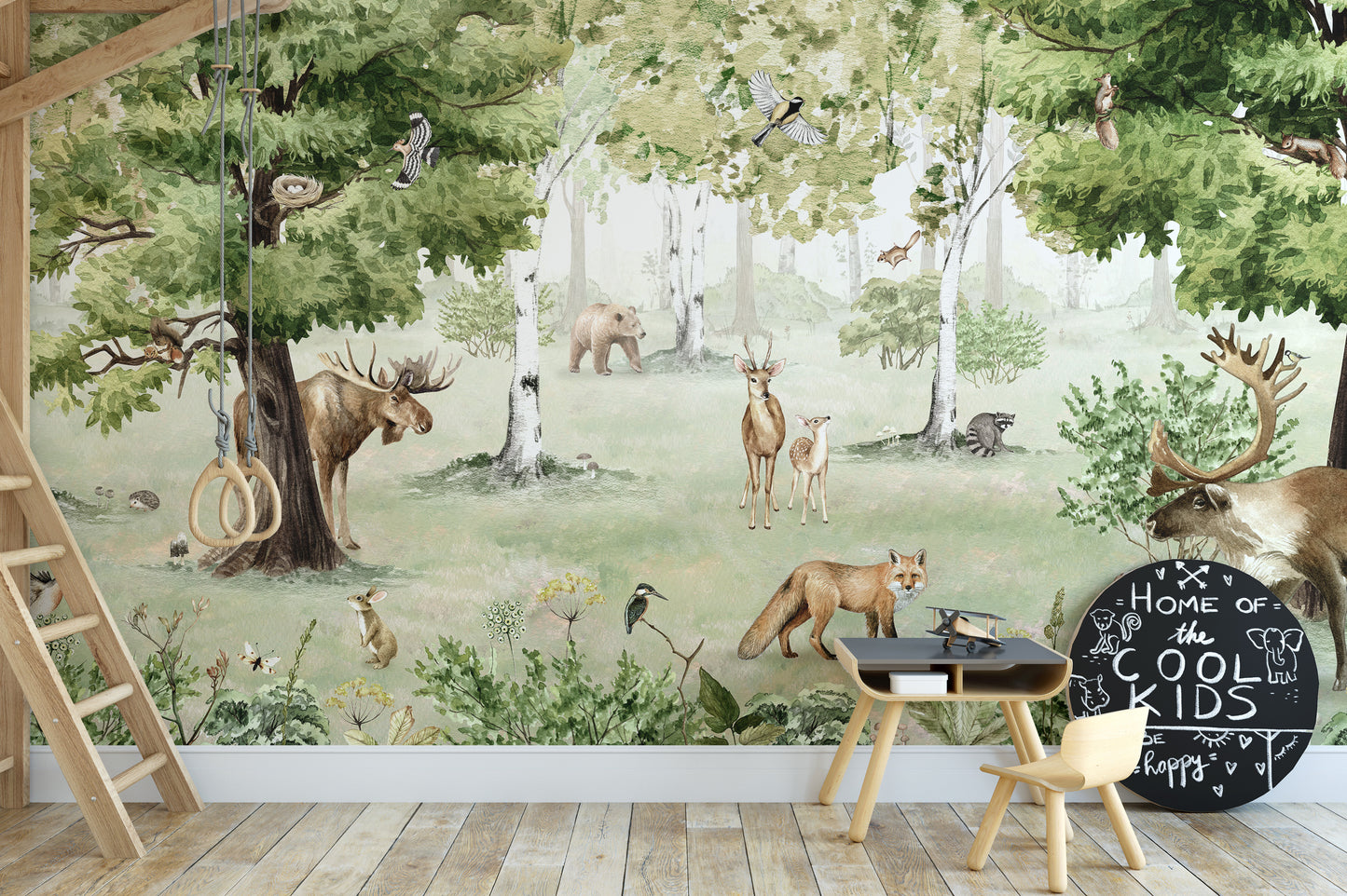 Watercolor Woodland Wonders wallpaper mural of forest animals by a wood loft bed and a Cool Kids chalkboard sign