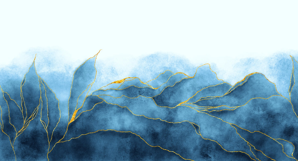 Blue Gold Watercolor Wallpaper Mural in your room