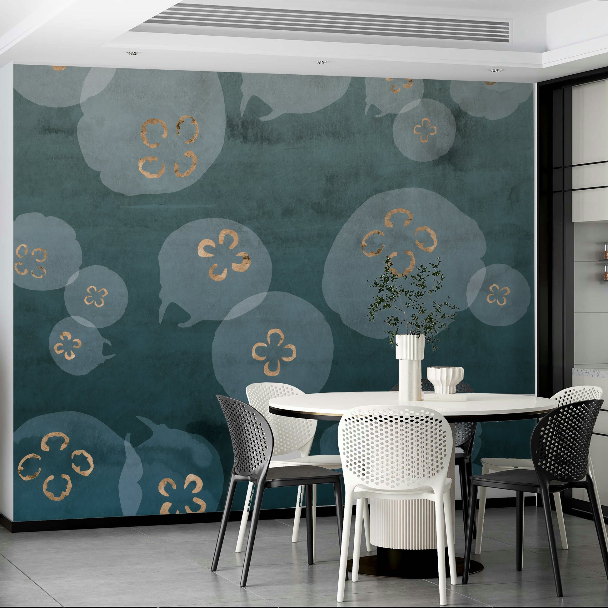 Artistic jellyfish wall mural with soft, soothing blue tones.



