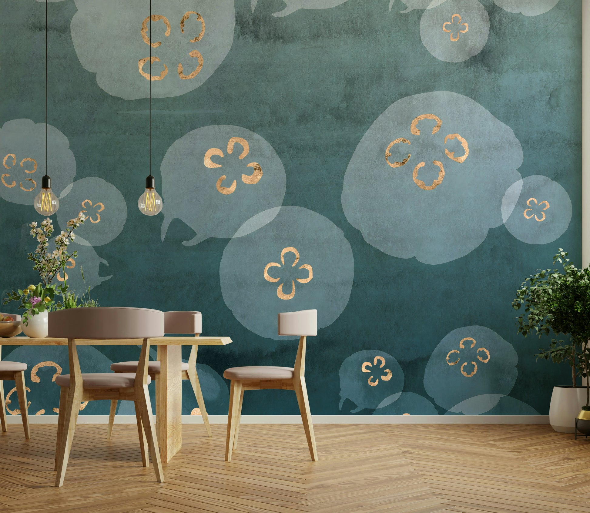 Soft watercolor jellyfish with gold details on deep blue background.


