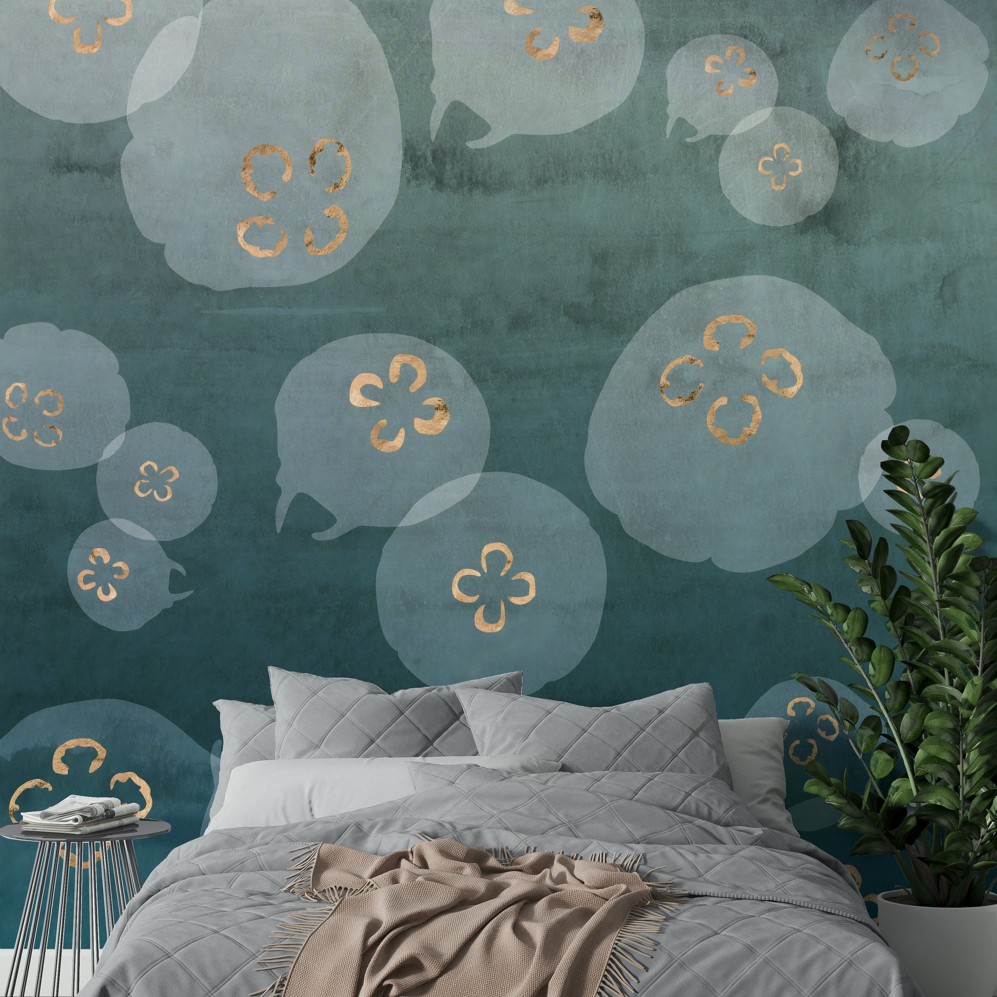 Beautiful ocean-inspired mural with gold and petrol jellyfish.



