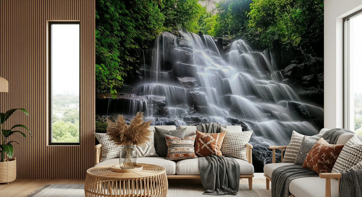 Zen outdoor vista Cascading Serenity peel and stick wallpaper.