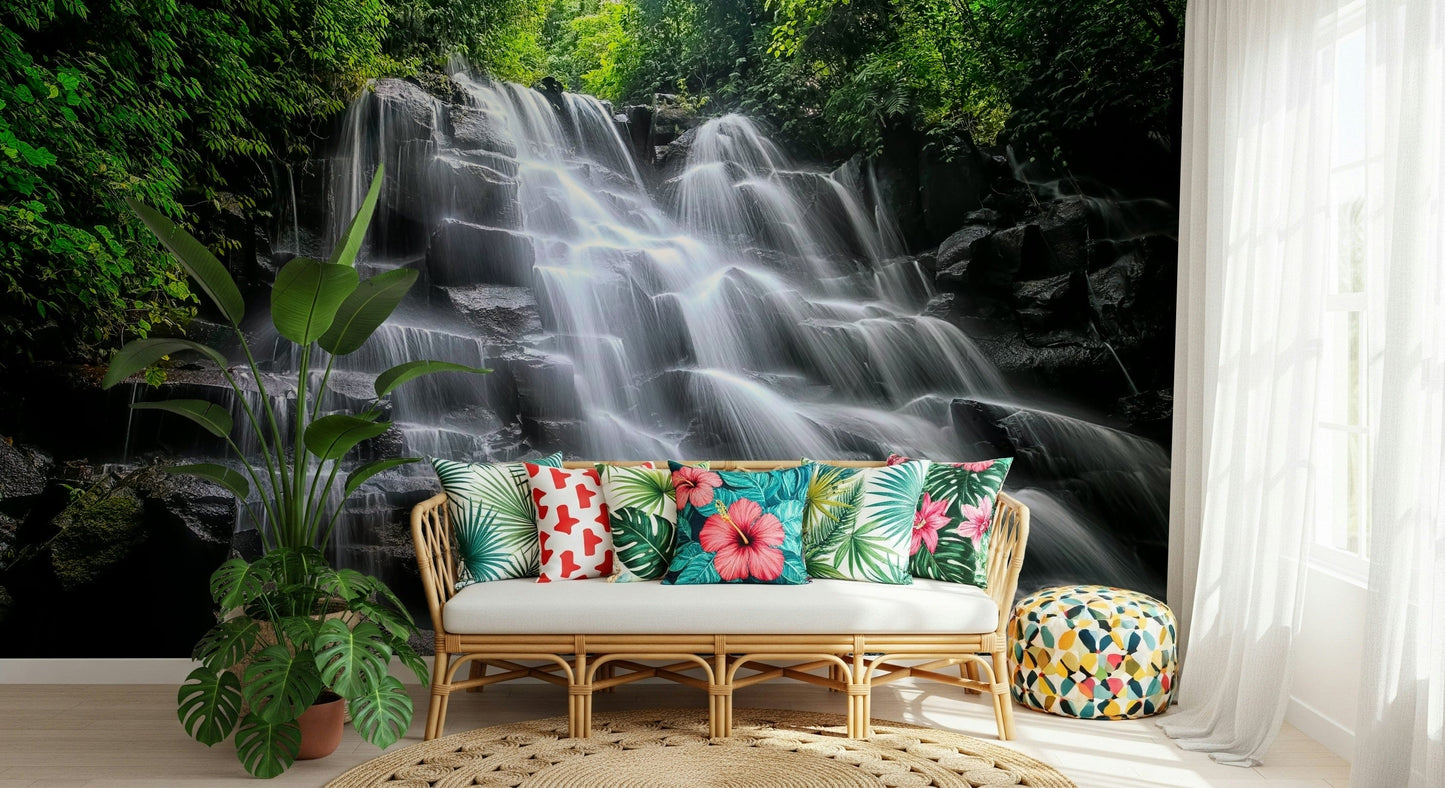Verdant forest creek Cascading Serenity wallpaper for walls.