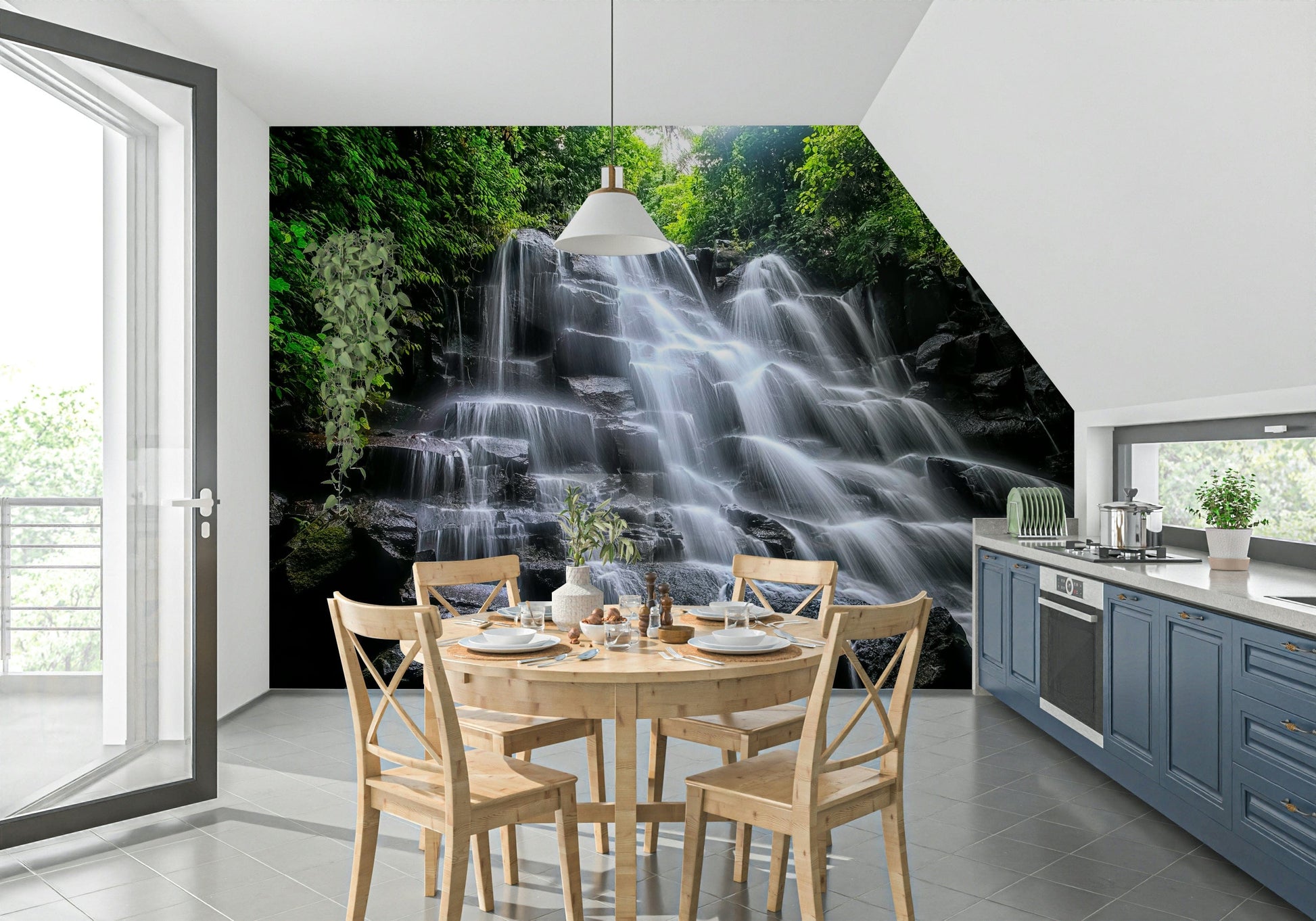 Rainforest oasis Cascading Serenity peel and stick wallpaper.