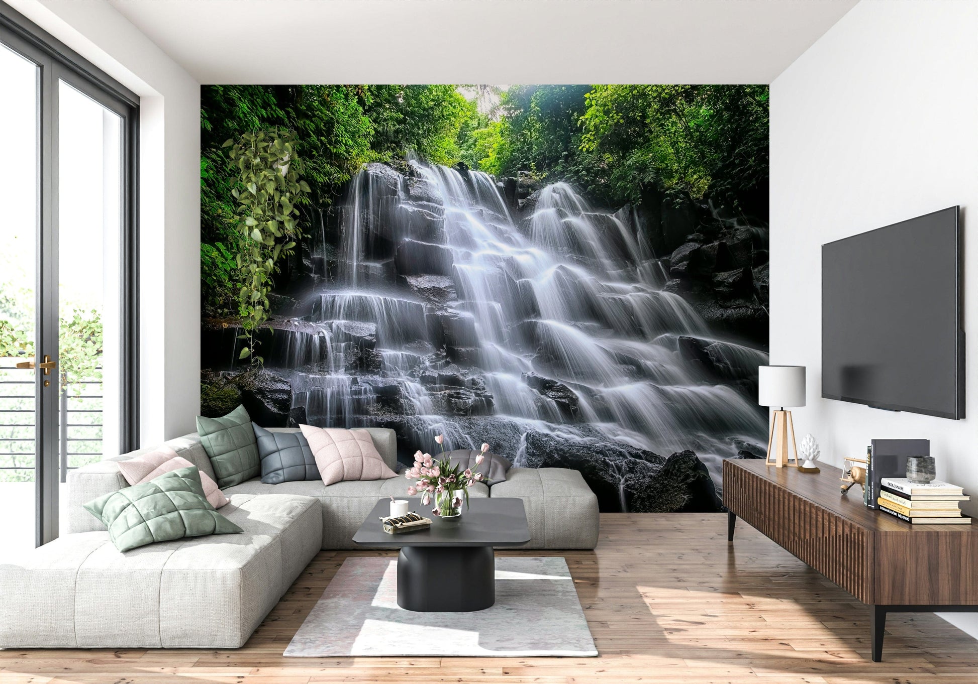 Misty rock ledge Cascading Serenity peel and stick wallpaper.
