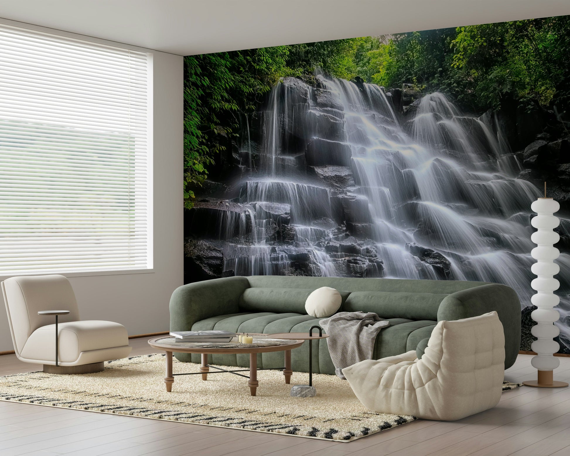 Lush green tropical stream Cascading Serenity wall mural.
