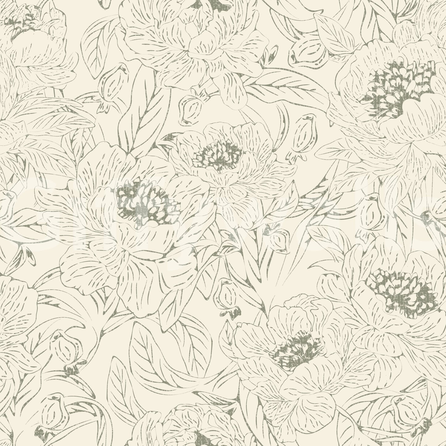 Romantic Peonies Line Art Green Wallpaper⁠