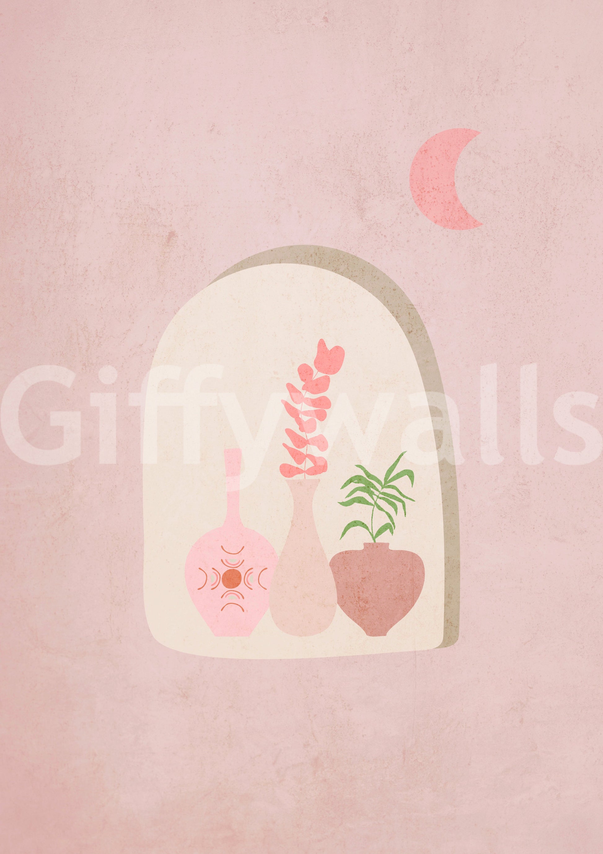 Eclectic boho mural with foliage and sunrise design

