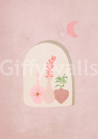 Eclectic boho mural with foliage and sunrise design

