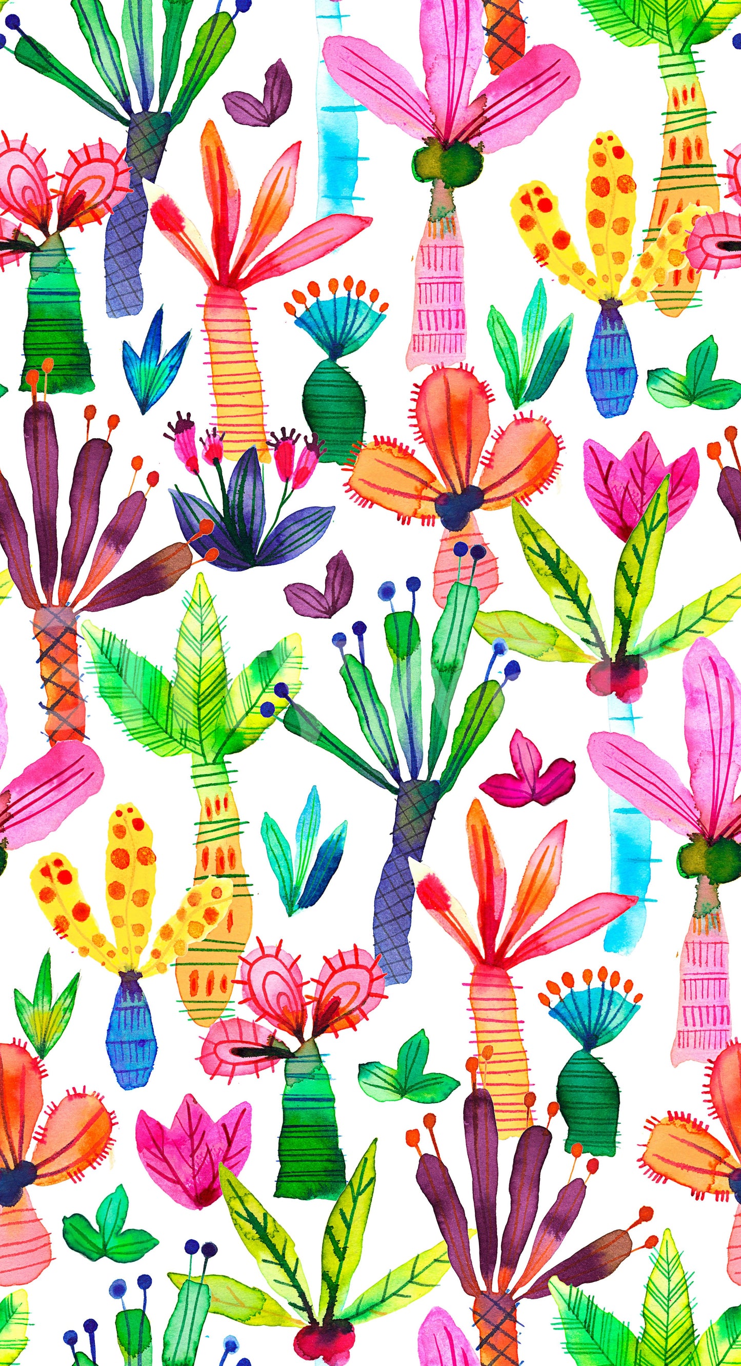 Cheerful kids wallpaper with colorful palm trees

