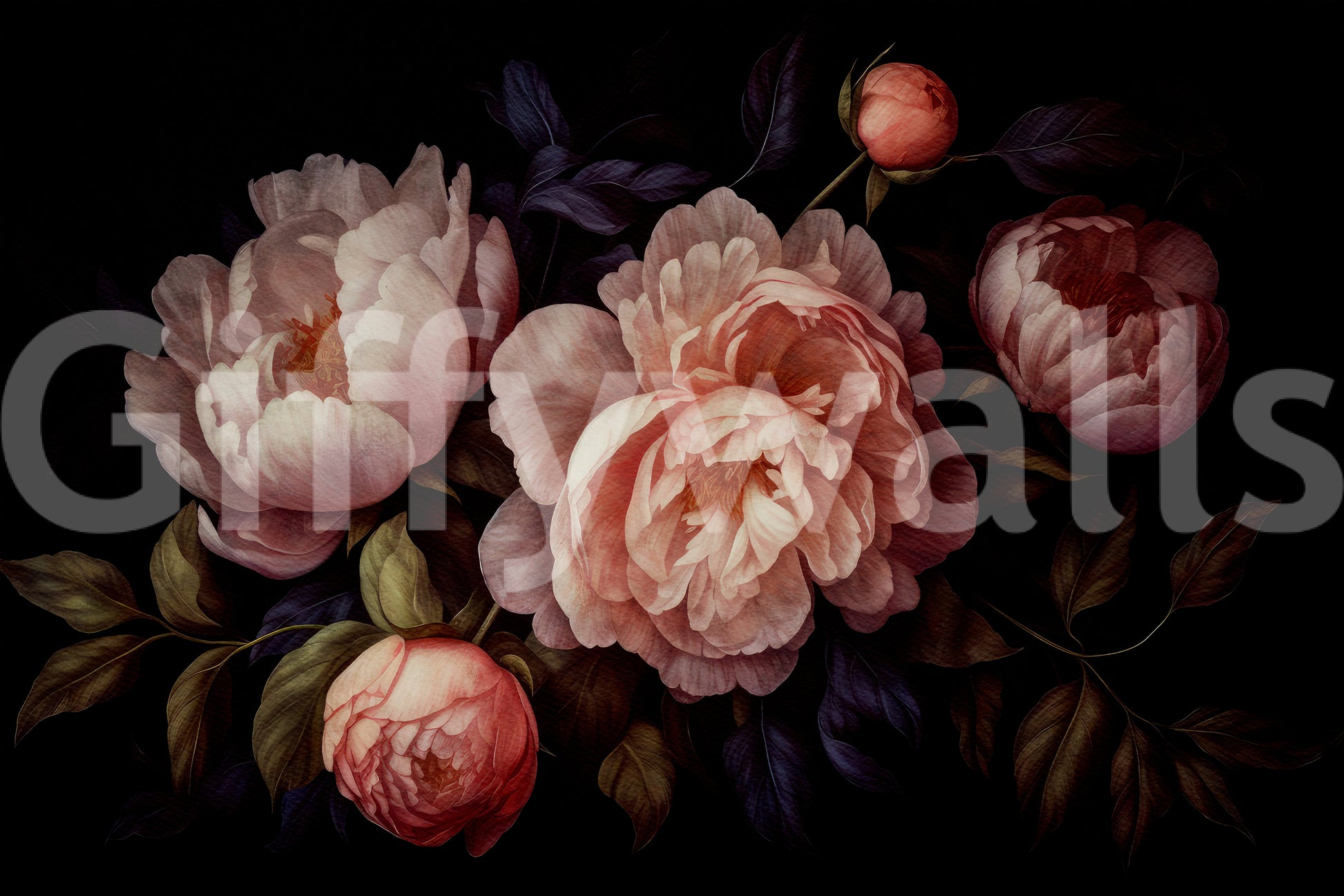 Gothic-inspired floral wall mural featuring peach peonies.

