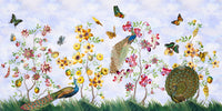 Exotic peacock and garden mural wallpaper creating a tranquil vibe.

