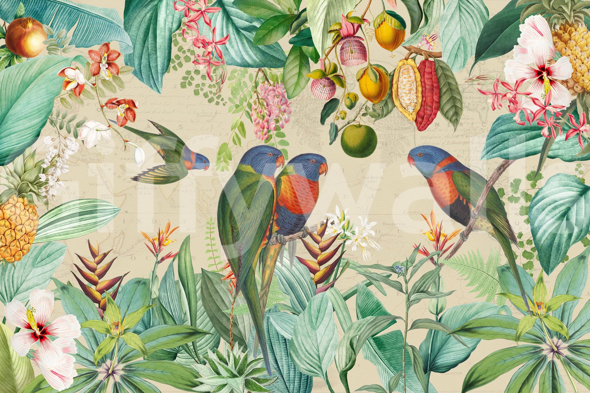 Lush tropical mural featuring wildlife and vintage-style flora

