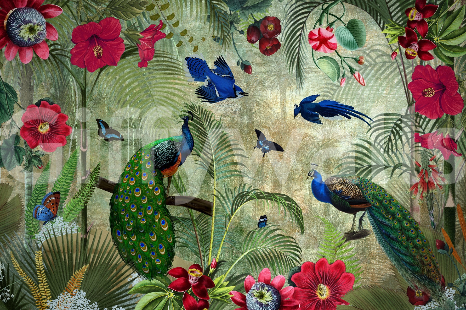 Tropical peacock mural with lush leaves and vibrant hues

