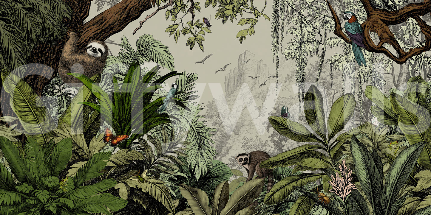 Lush green jungle mural with sunlight for a fresh room design.

