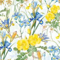 Nature-inspired floral wallpaper featuring roses and irises

