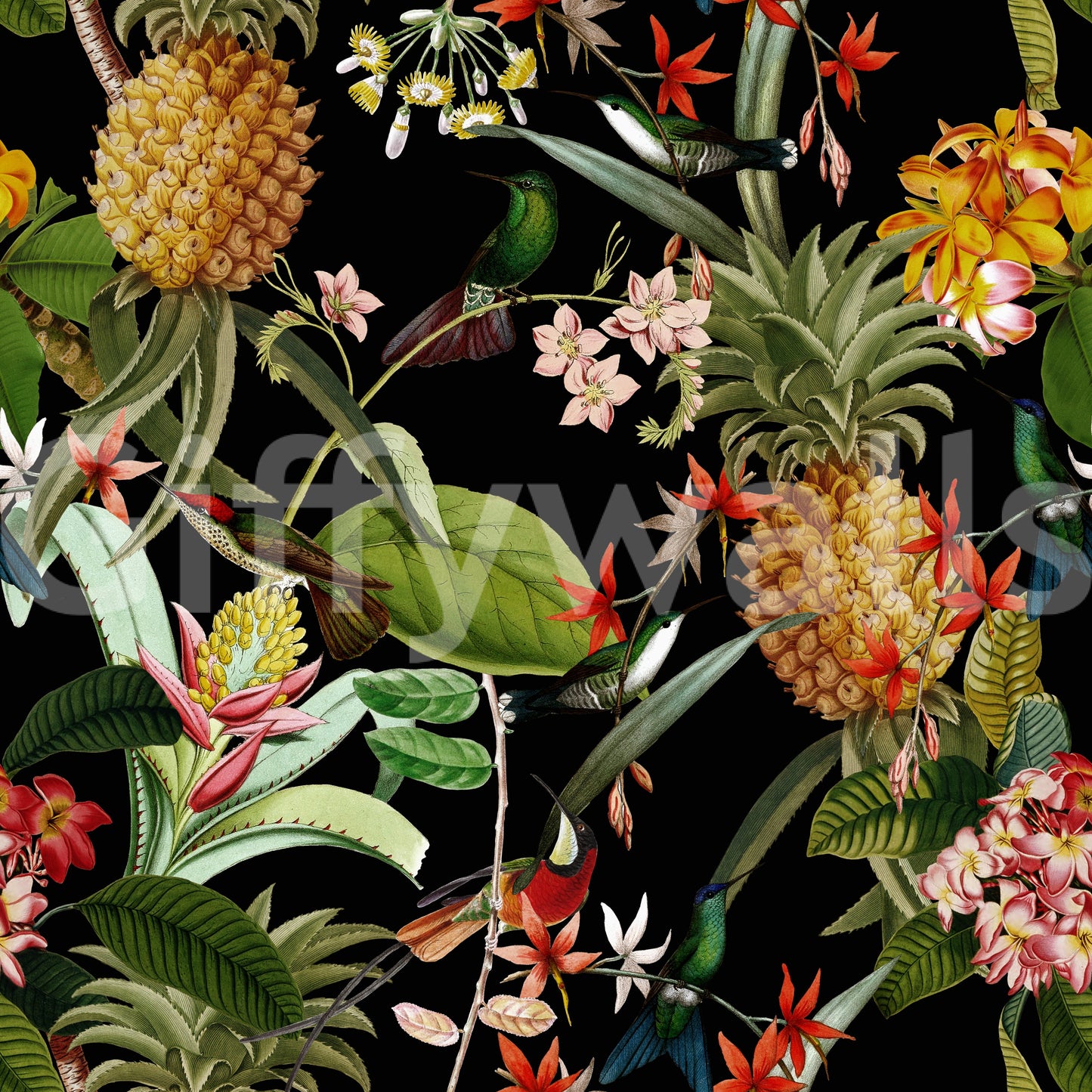 Exotic pineapple mural wallpaper with lush tropical plants and fruit.

