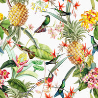 Tropical Paradise wallpaper mural with hummingbirds and vibrant blooms.

