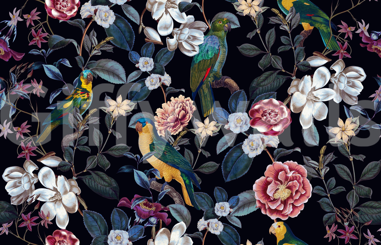 Nocturnal Paradise wallpaper mural with exotic night-themed floral elements.

