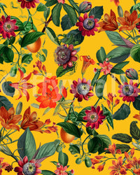 Rich botanical wallpaper featuring bright flowers and lush plants.

