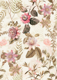 Colorful floral wallpaper mural with intricate passionflowers.


