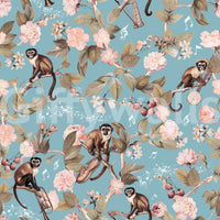 Tropical wallpaper with monkeys and melodies in a whimsical jungle setting.

