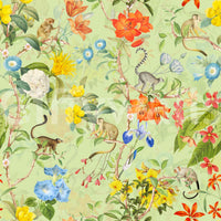 Lush jungle wallpaper with tropical flowers and flourishing plants.

