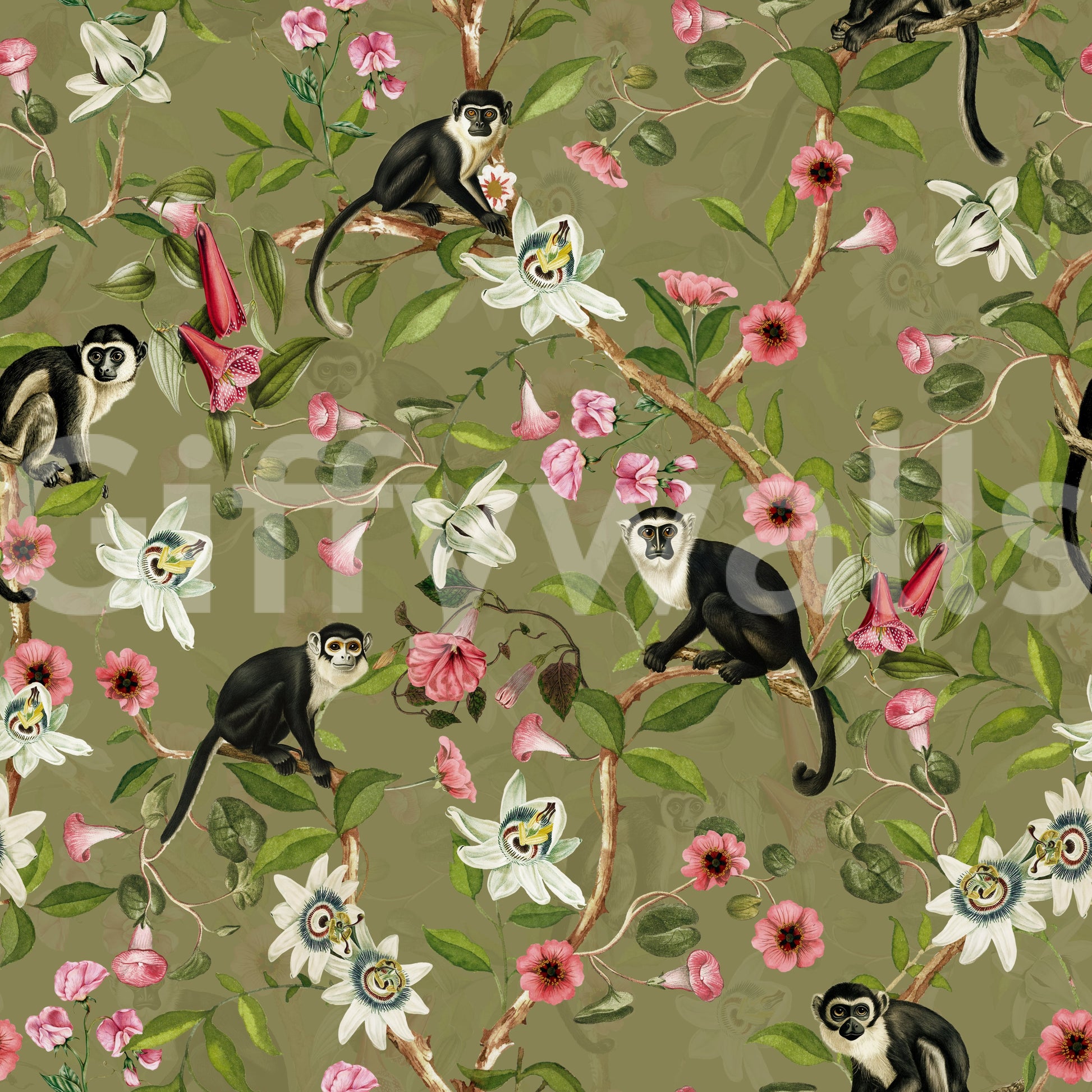 Elegant wall mural with a refined, natural jungle aesthetic.

