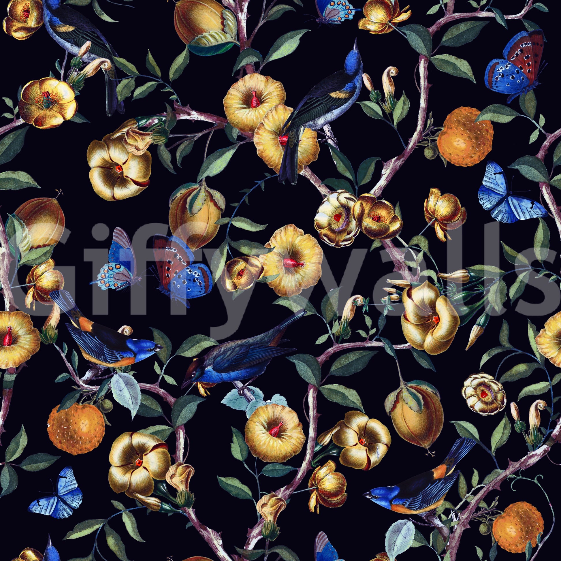 Shadowy garden mural with vibrant, moody flower arrangements.

