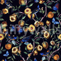 Shadowy garden mural with vibrant, moody flower arrangements.

