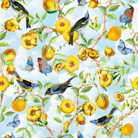 Dynamic wallpaper with tropical foliage and illustrated birds.

