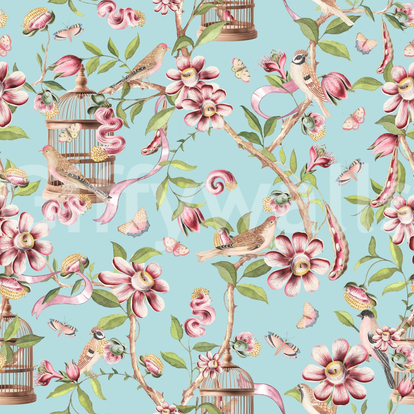 Elegant chinoiserie wallpaper with birds and soft pink blossoms.

