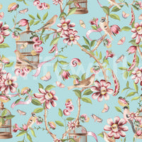 Elegant chinoiserie wallpaper with birds and soft pink blossoms.

