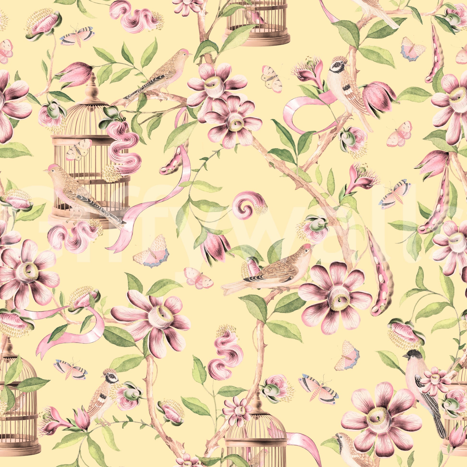 Romantic wall design featuring soft vines, birds, and blossoms.

