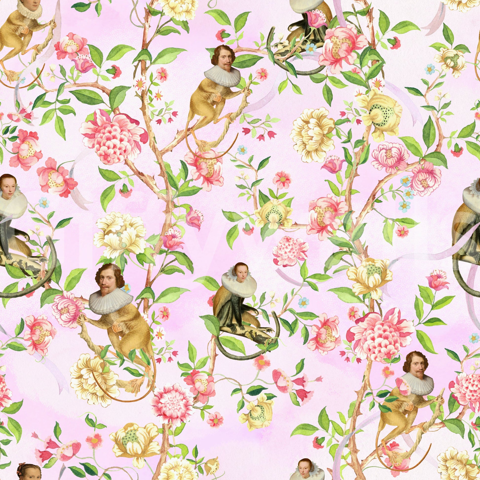 Detailed wallpaper featuring playful monkeys and parasol accents.

