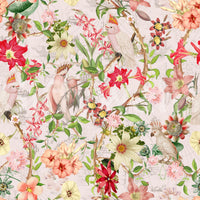 Exotic mural with botanical vines, birds, and pastel blossoms.

