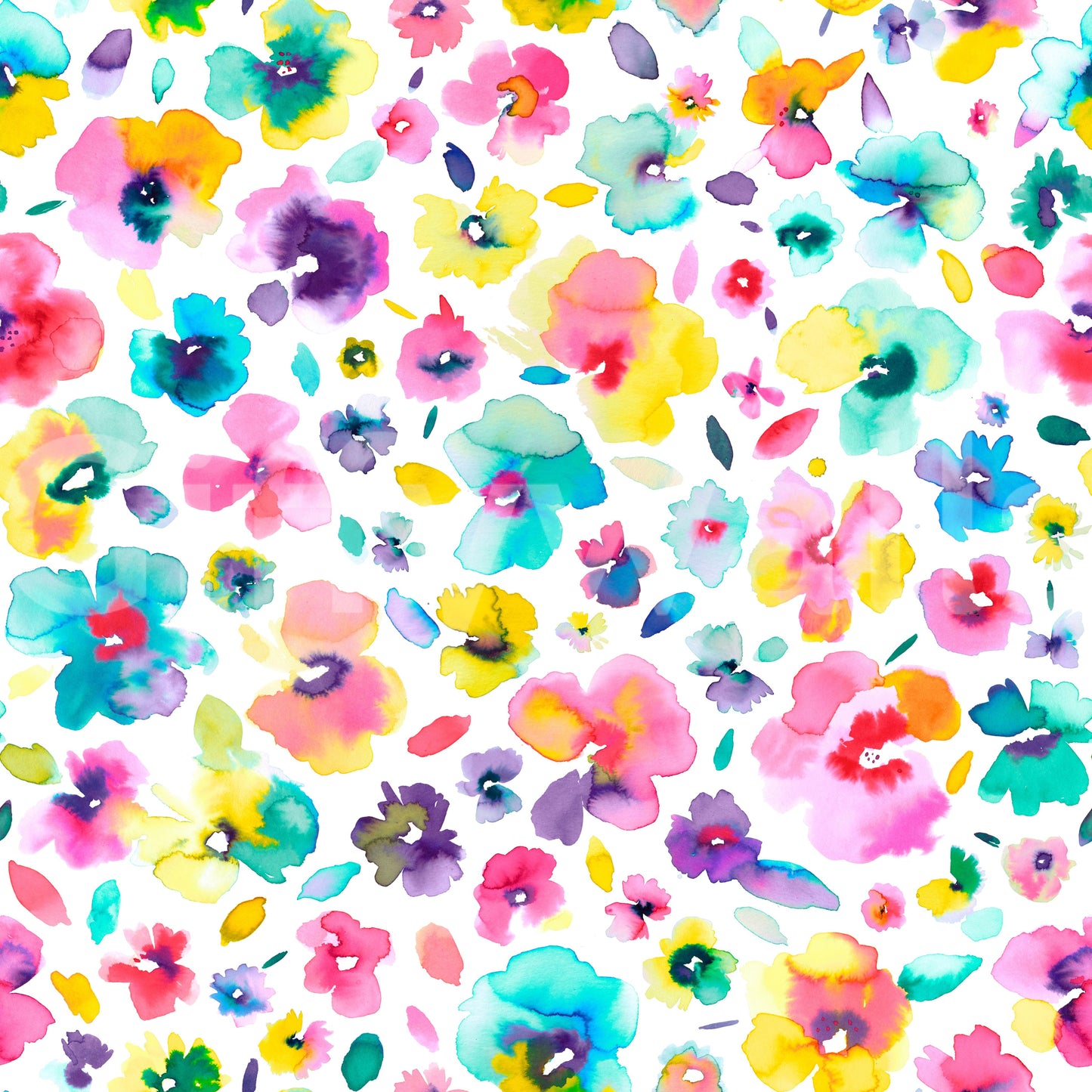 Watercolor flowers wallpaper with an island-inspired palette.


