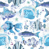 Aquatic mural with lively fish and coral reef illustrations.

